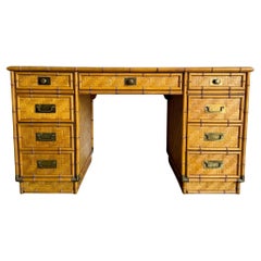 Vintage Coastal Faux Bamboo Herringbone Wicker Glass Top Campaign Desk w/ Accent