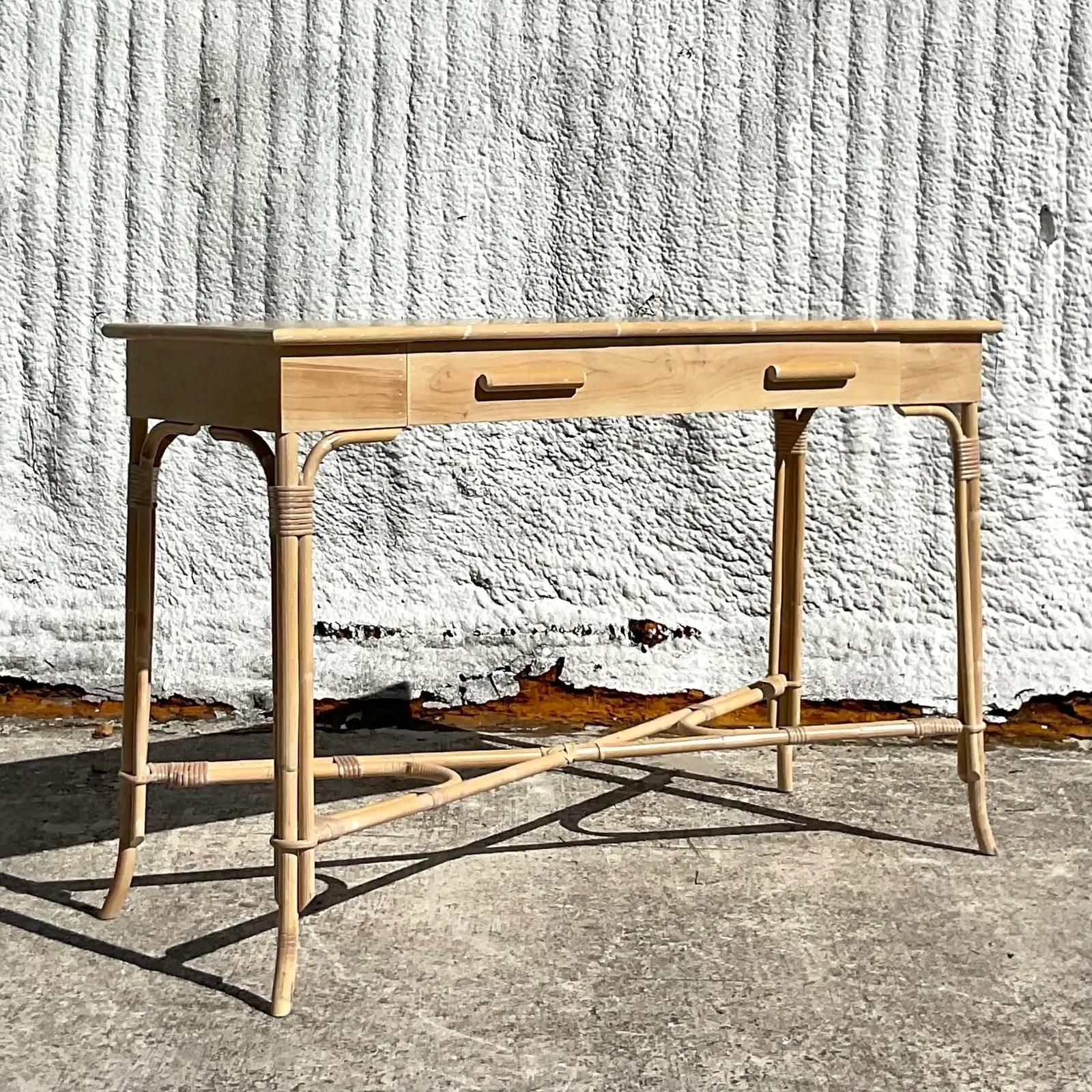 Vintage Coastal Faux Bamboo Trimmed Console Table 5