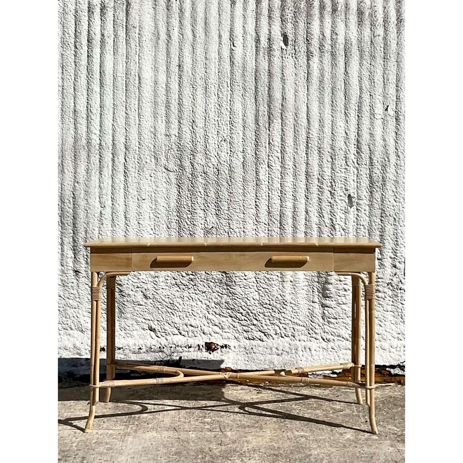 Vintage Coastal Faux Bamboo Trimmed Console Table 6