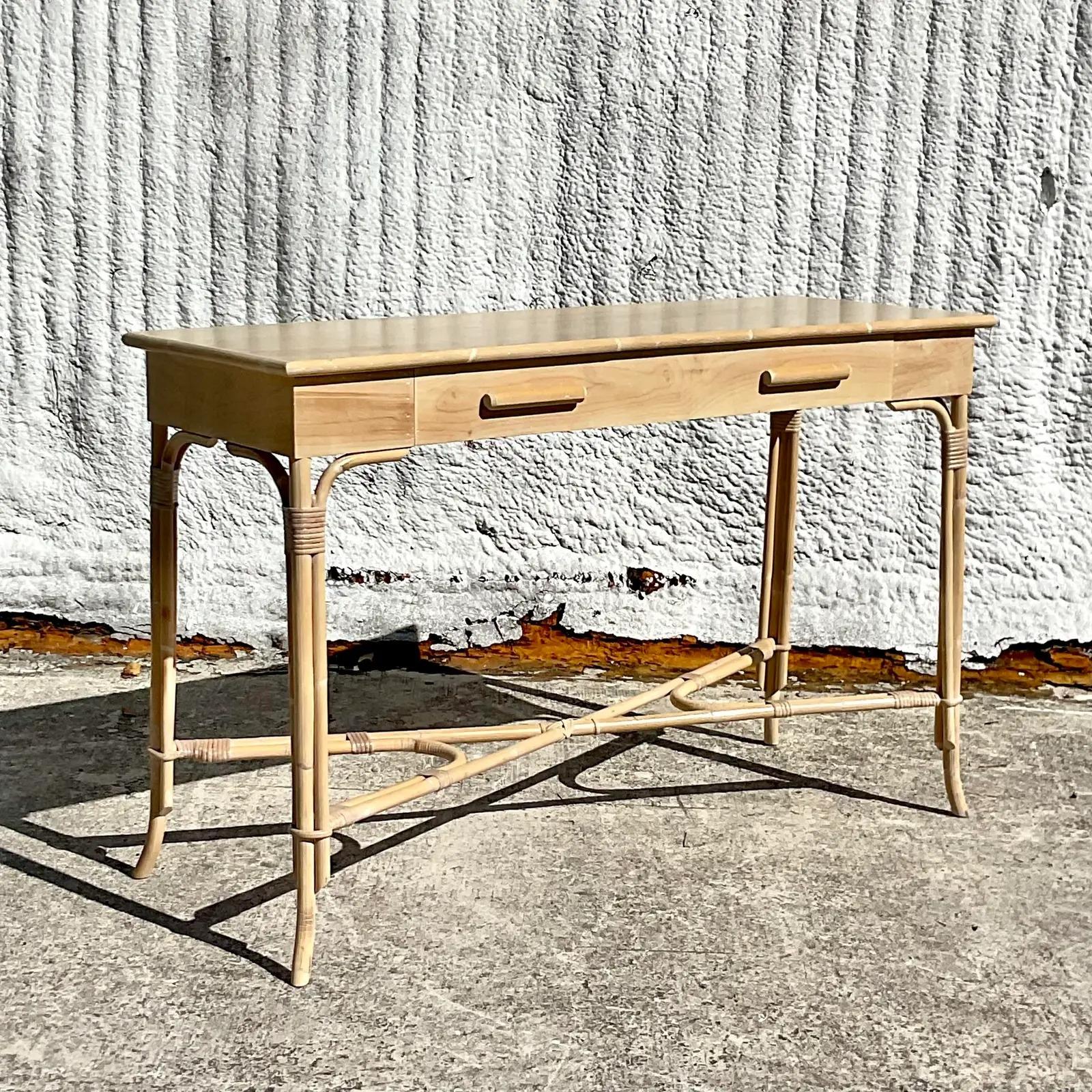 Vintage Coastal Faux Bamboo Trimmed Console Table 7