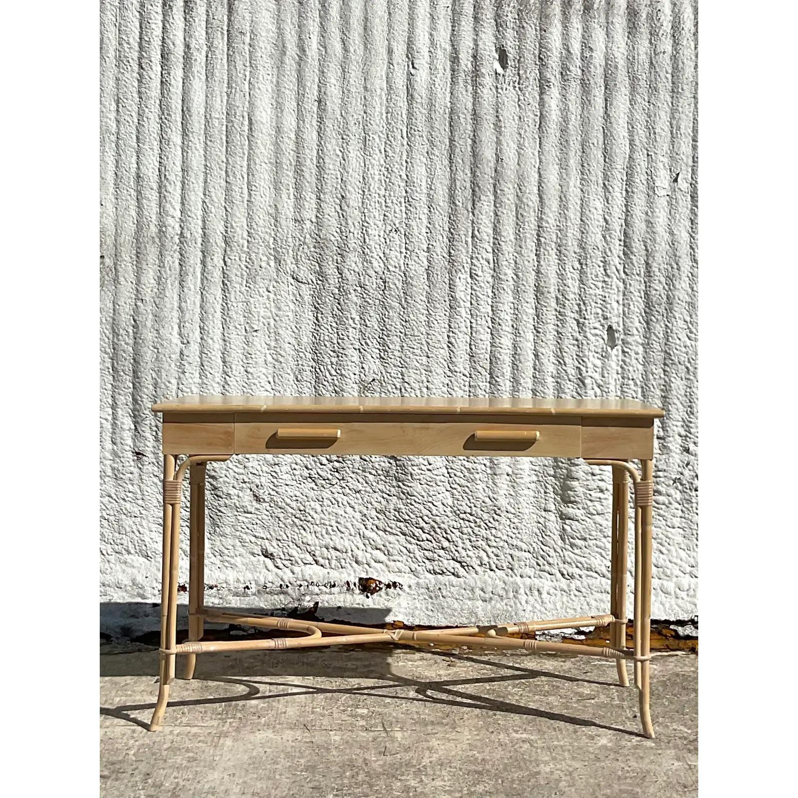 Vintage Coastal Faux Bamboo Trimmed Console Table 8