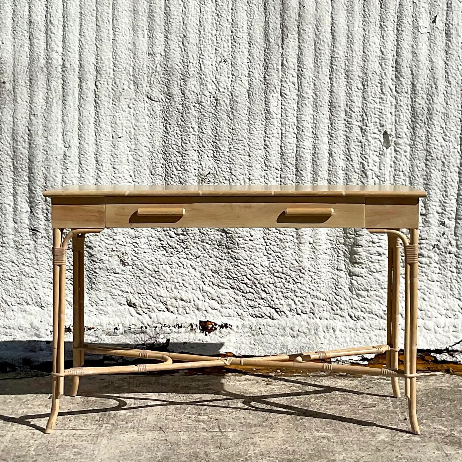 Vintage Coastal Faux Bamboo Trimmed Console Table 10