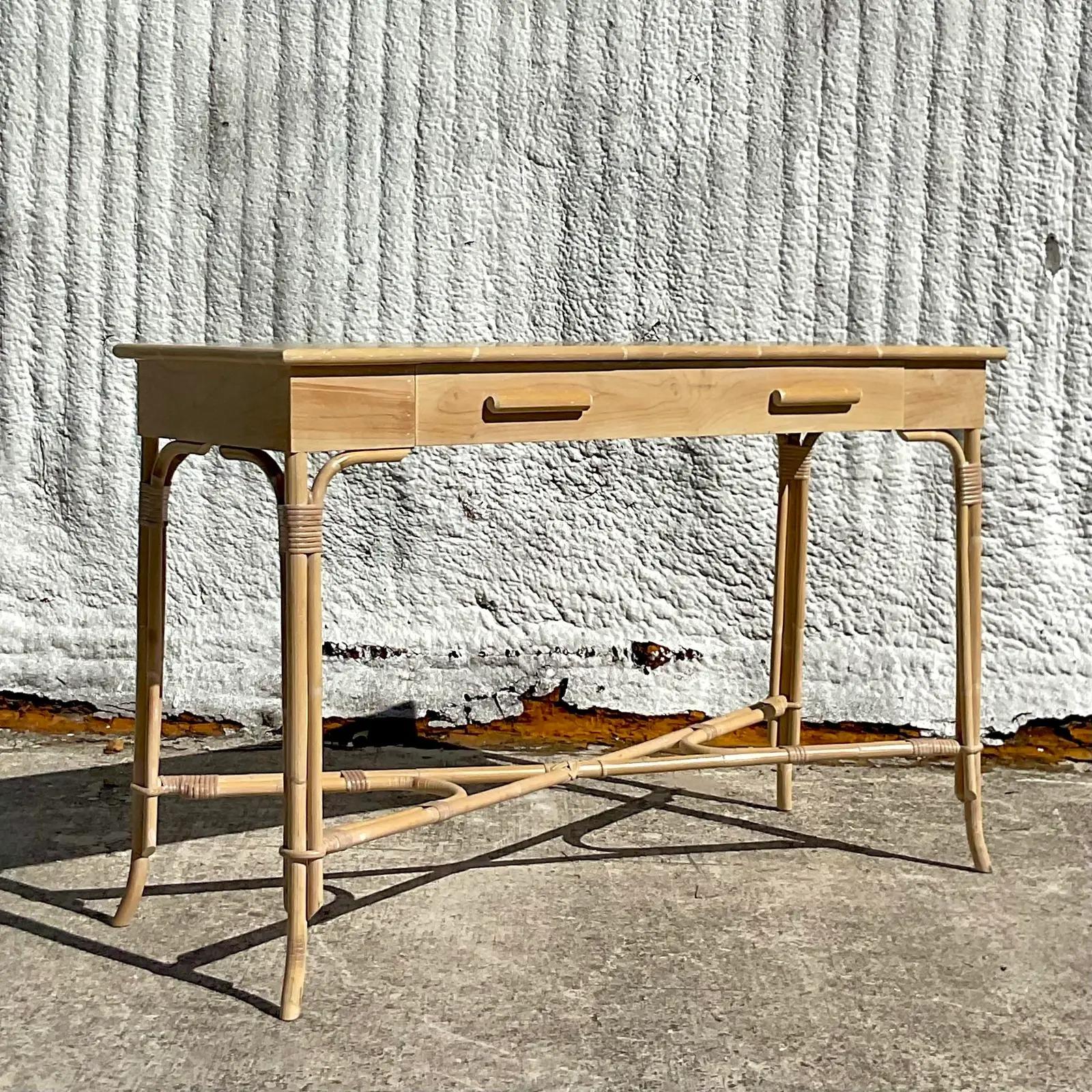 Vintage Coastal Faux Bamboo Trimmed Console Table 3