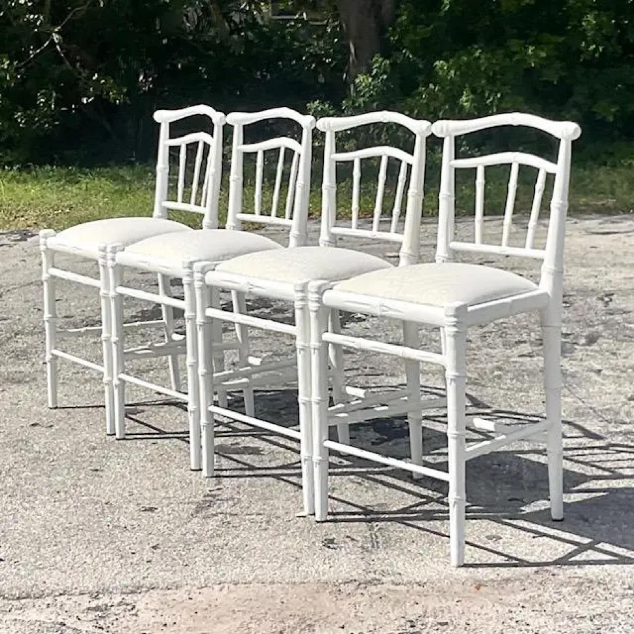 Vintage Coastal Faux Bamboo White Barstools - Set of 4 In Good Condition In west palm beach, FL