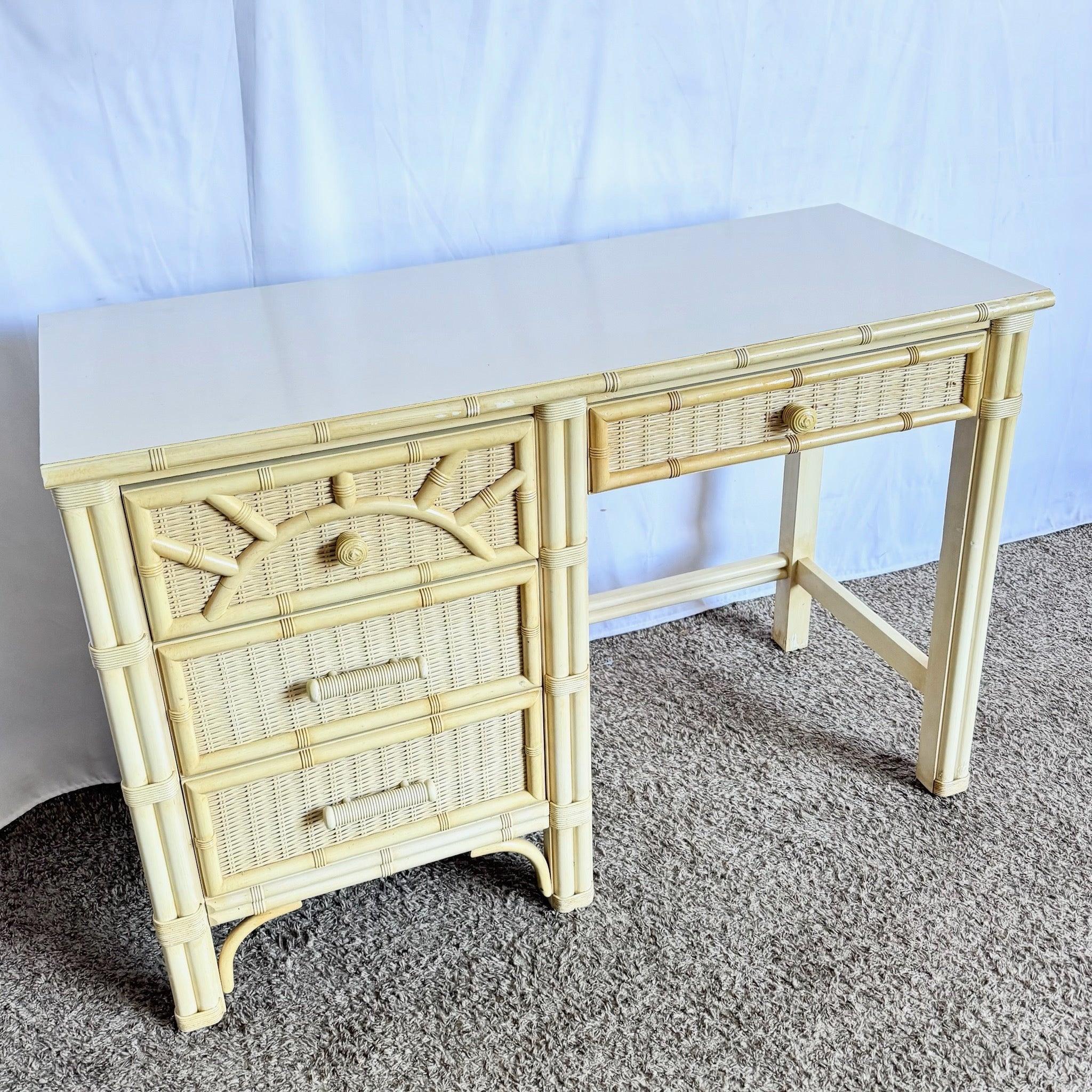 American Vintage Coastal Faux Bamboo Wicker Writing Desk by Henry Link For Sale