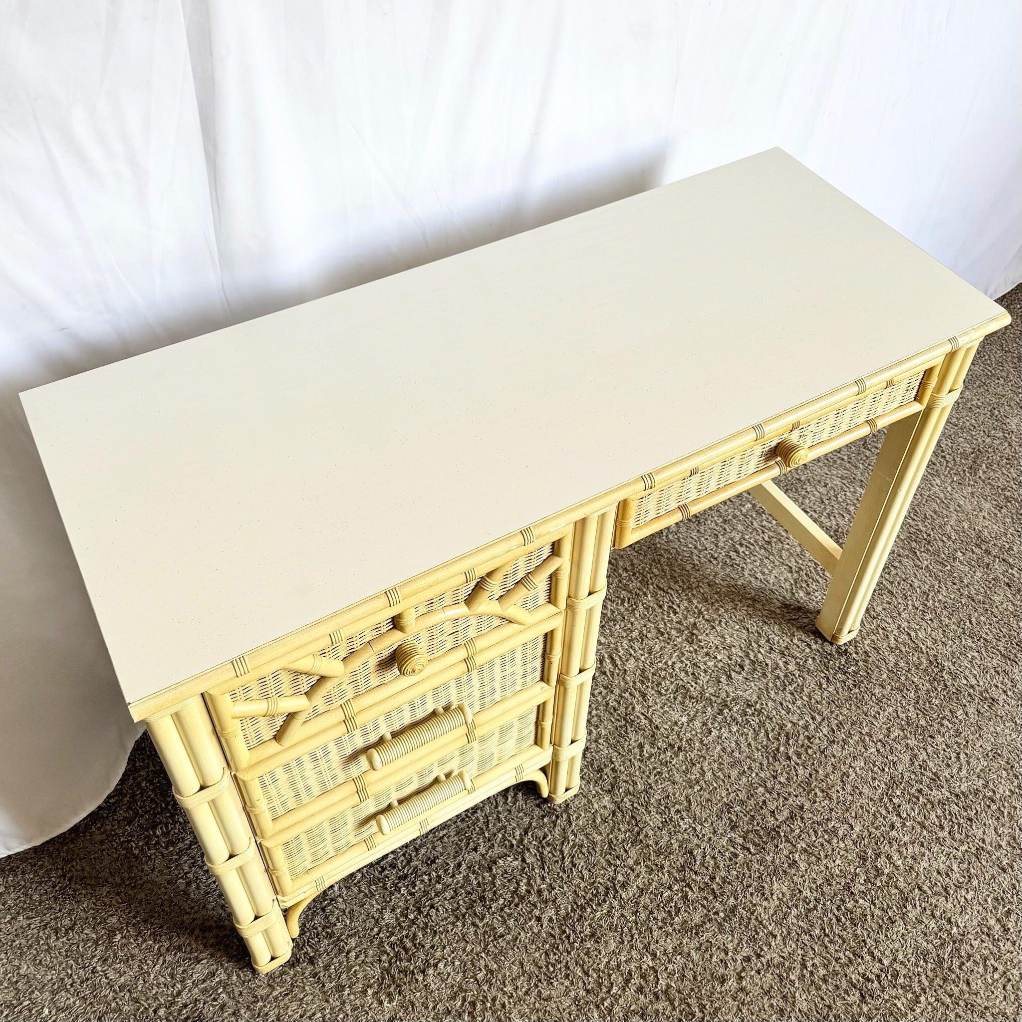 Vintage Coastal Faux Bamboo Wicker Writing Desk by Henry Link In Good Condition For Sale In Delray Beach, FL
