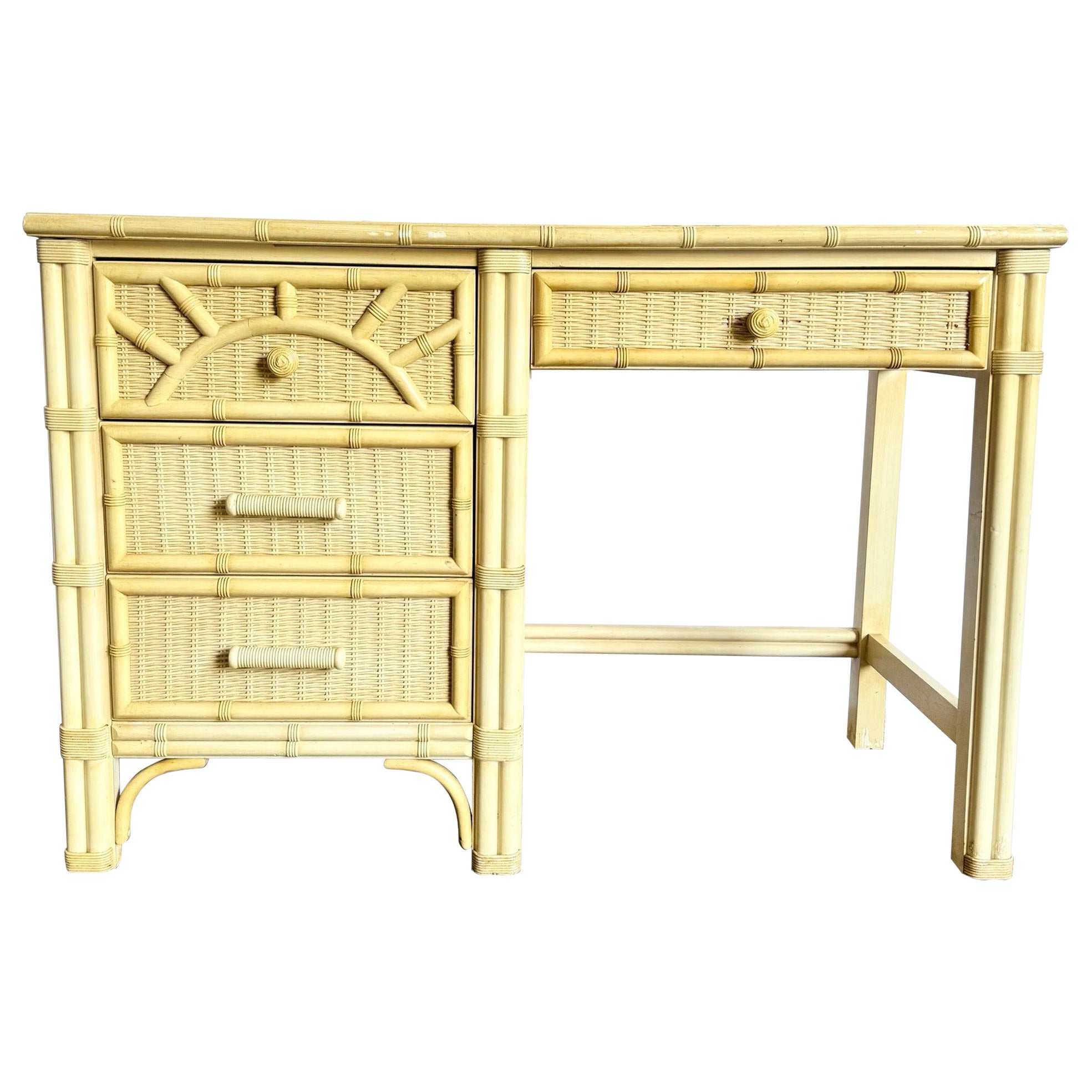Vintage Coastal Faux Bamboo Wicker Writing Desk by Henry Link For Sale