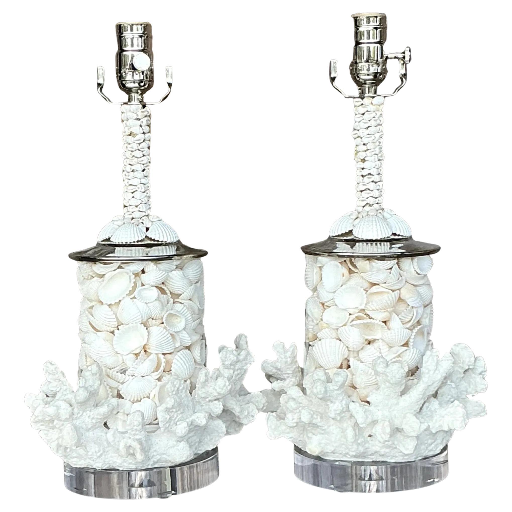 Coastal-Lampen aus Koralle und Muscheln im Vintage-Stil – ein Paar