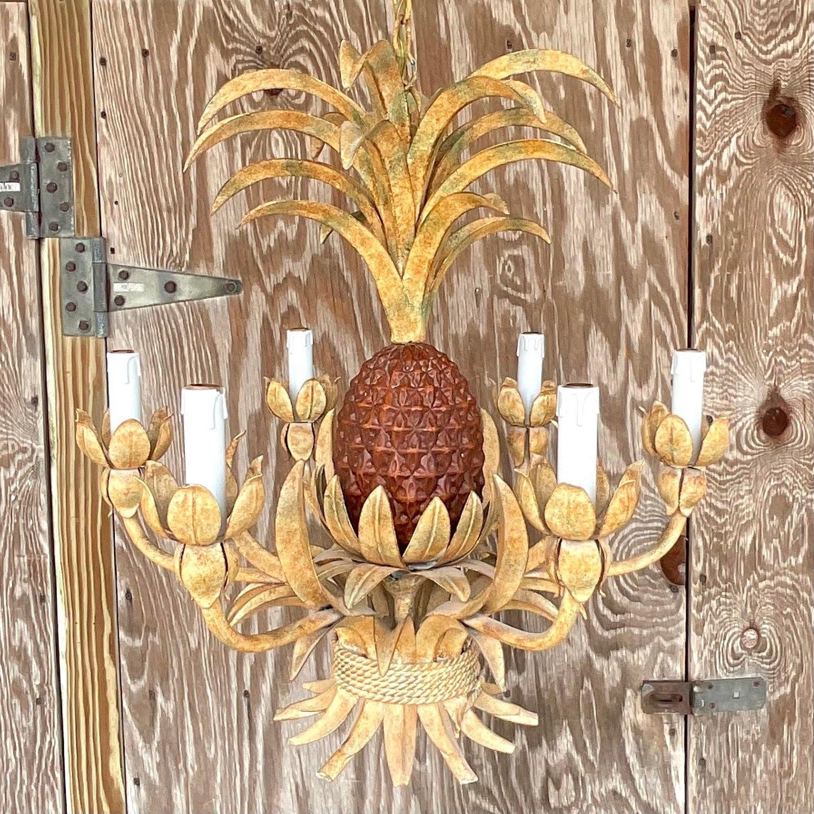 North American Vintage Coastal Faux Finished Pineapple Chandelier For Sale