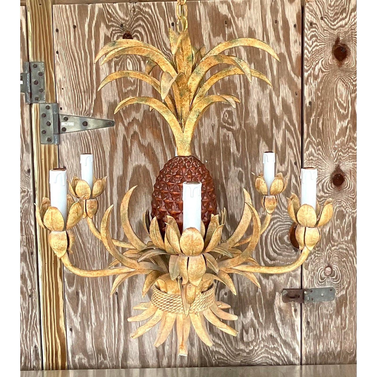 Vintage Coastal Faux Finished Pineapple Chandelier In Good Condition For Sale In west palm beach, FL