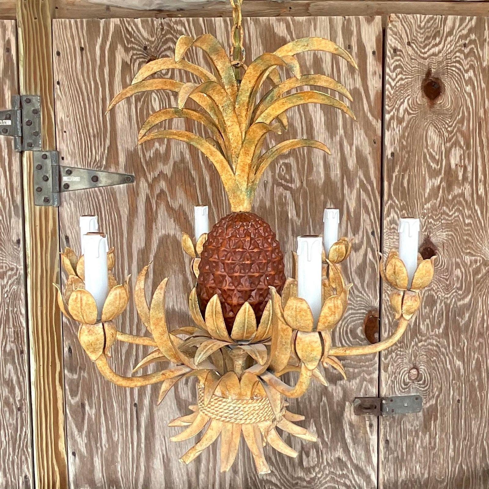 20th Century Vintage Coastal Faux Finished Pineapple Chandelier For Sale