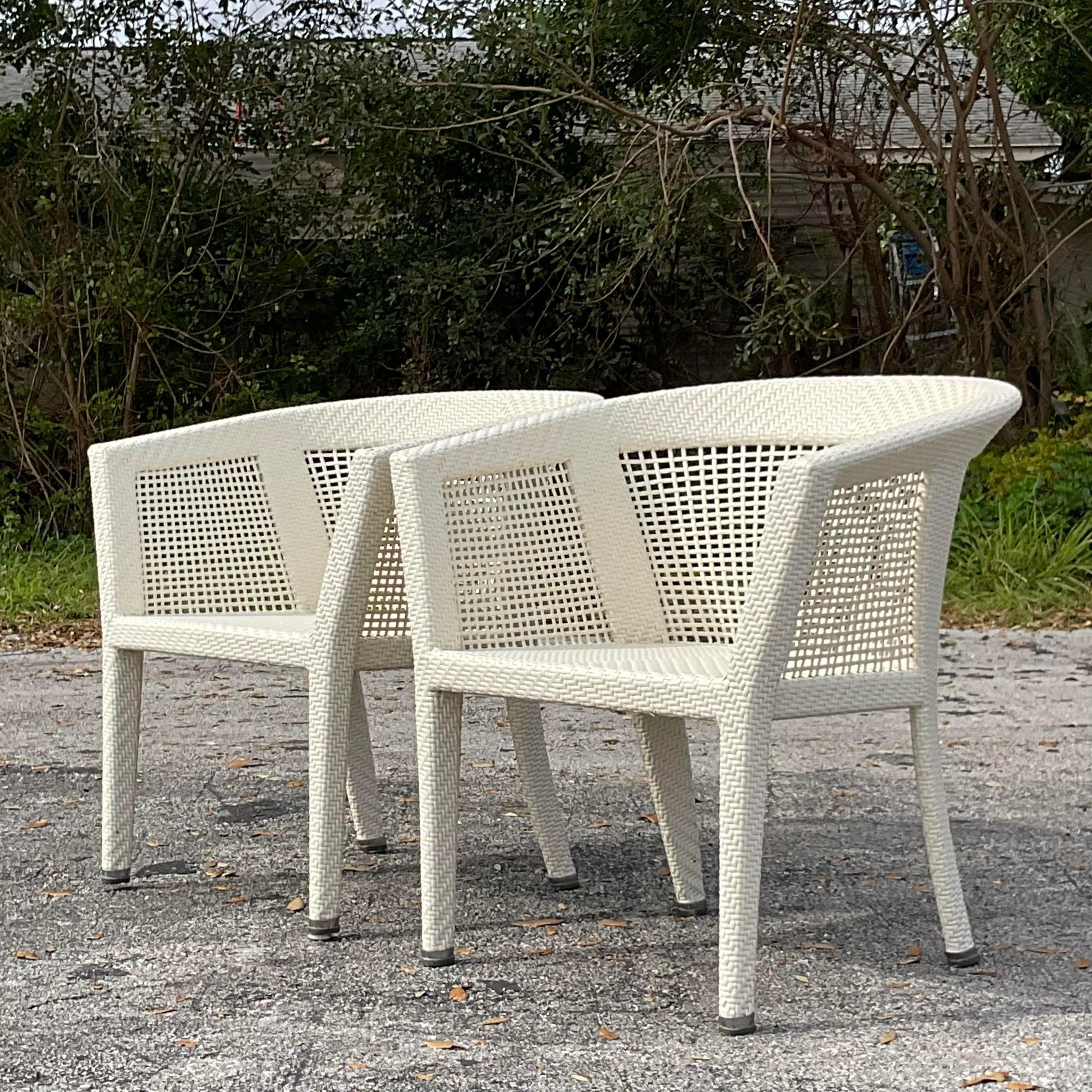 Vintage Coastal Fendi Casa Resin Rattan Arm Chairs - a Pair In Good Condition For Sale In west palm beach, FL