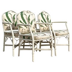 Vintage Coastal Fern Print Painted Rattan Dining Chairs - Set of 4