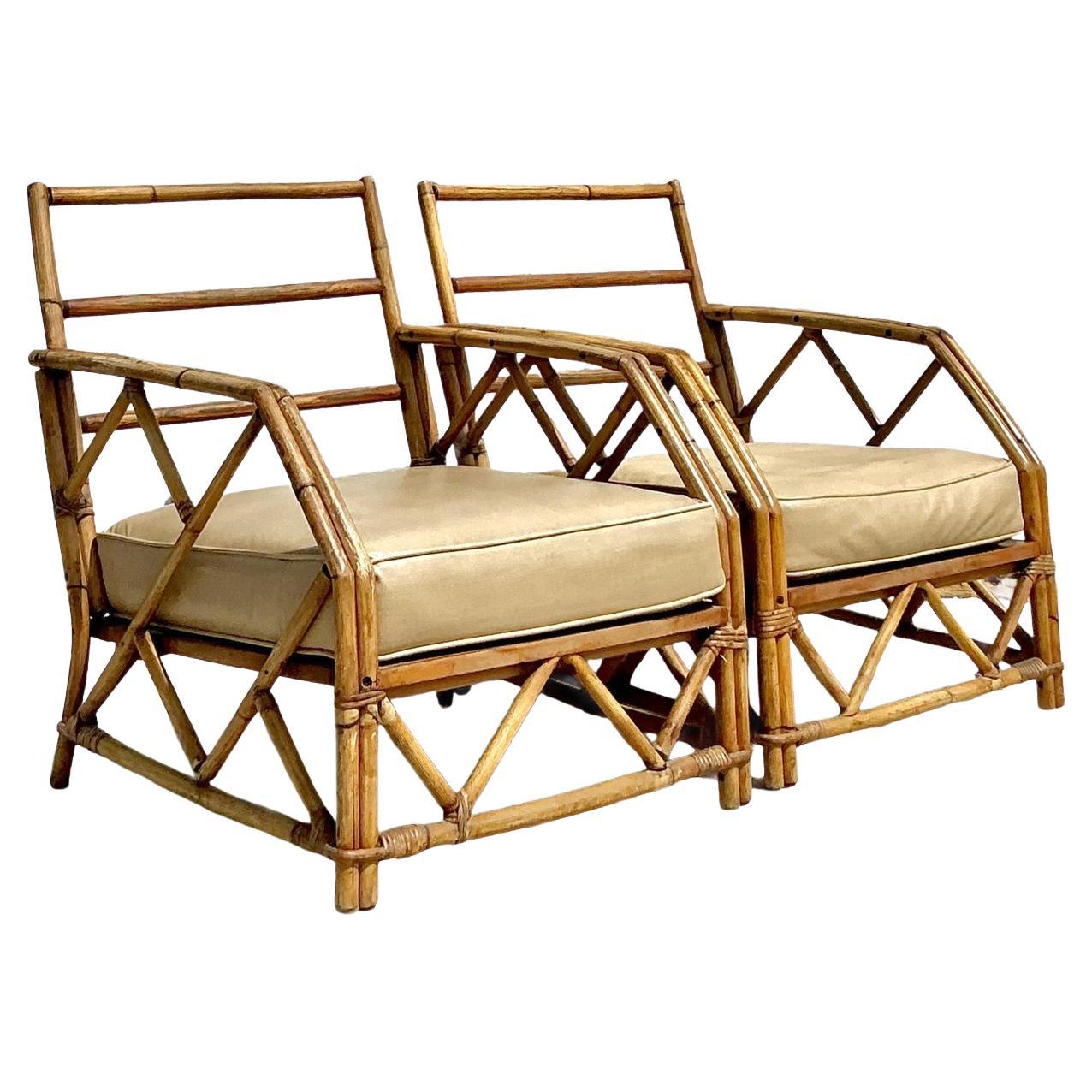 Vintage Coastal Ficks Reed Bamboo Lounge Chairs - A Pair