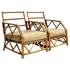 Vintage Coastal Ficks Reed Bamboo Lounge Chairs - A Pair