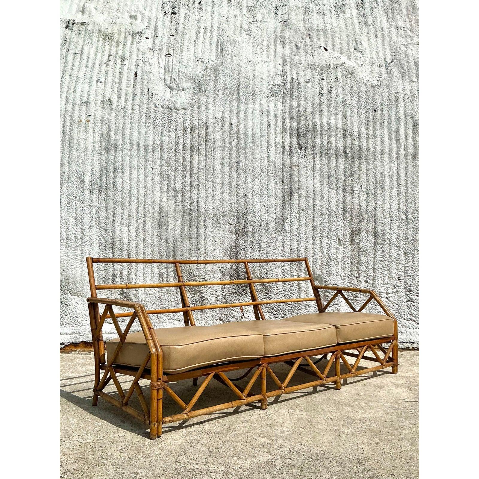Vintage Coastal Ficks Reed Bamboo Sofa For Sale 3