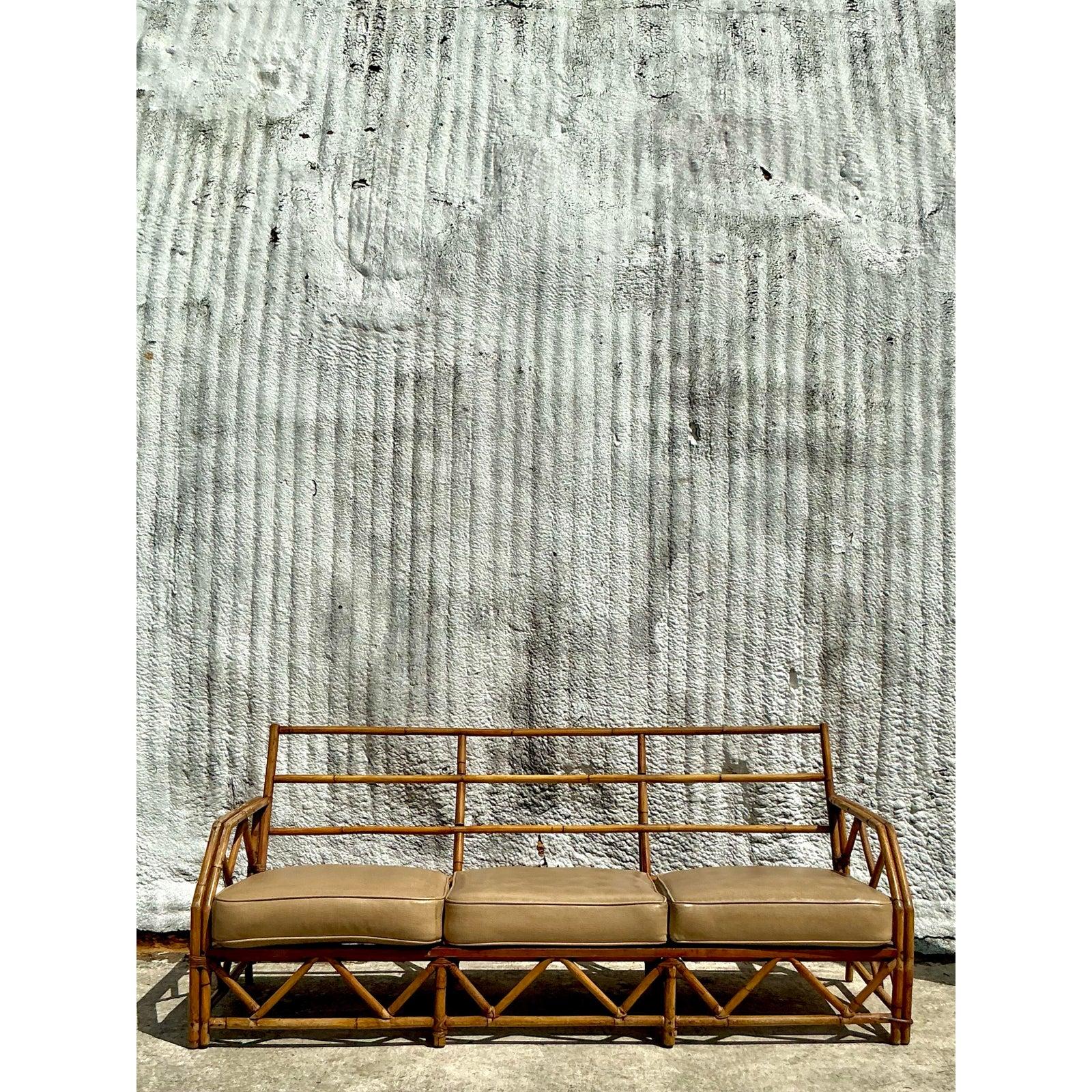 Vintage Coastal Ficks Reed Bamboo Sofa For Sale 5