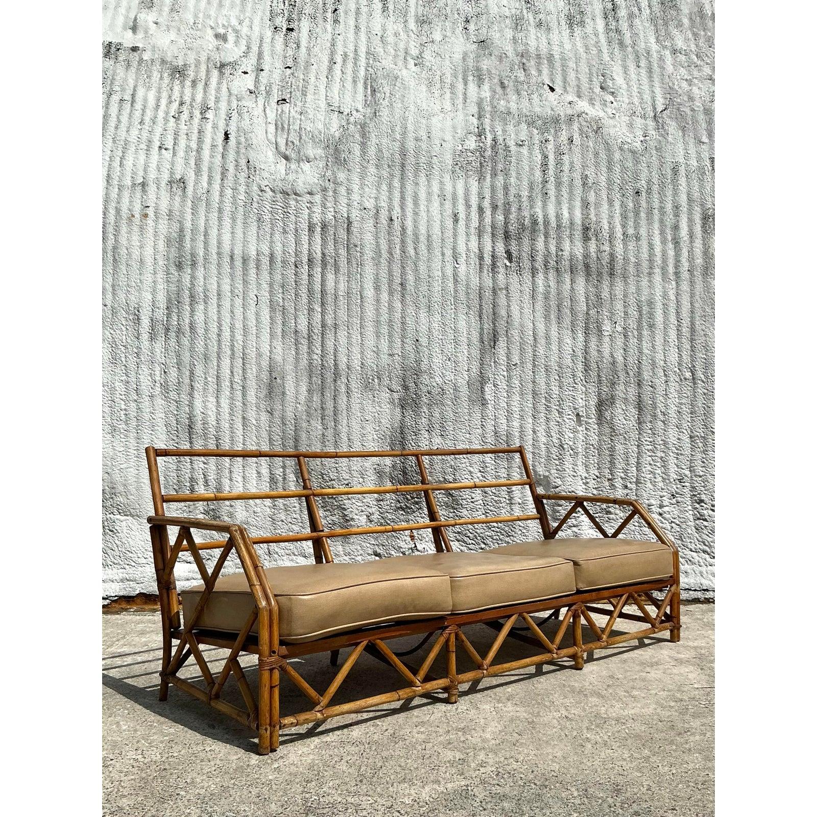 Mid-Century Modern Vintage Coastal Ficks Reed Bamboo Sofa For Sale
