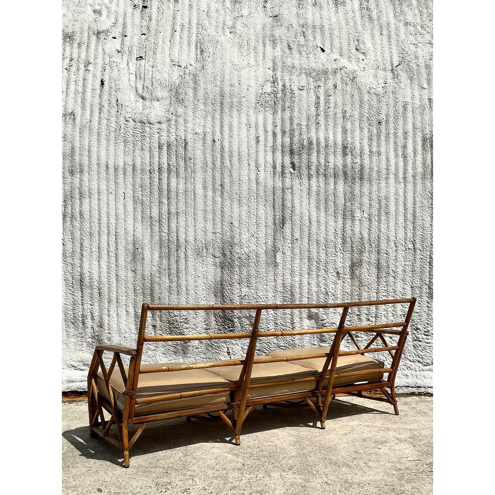 Vintage Coastal Ficks Reed Bamboo Sofa In Good Condition For Sale In west palm beach, FL