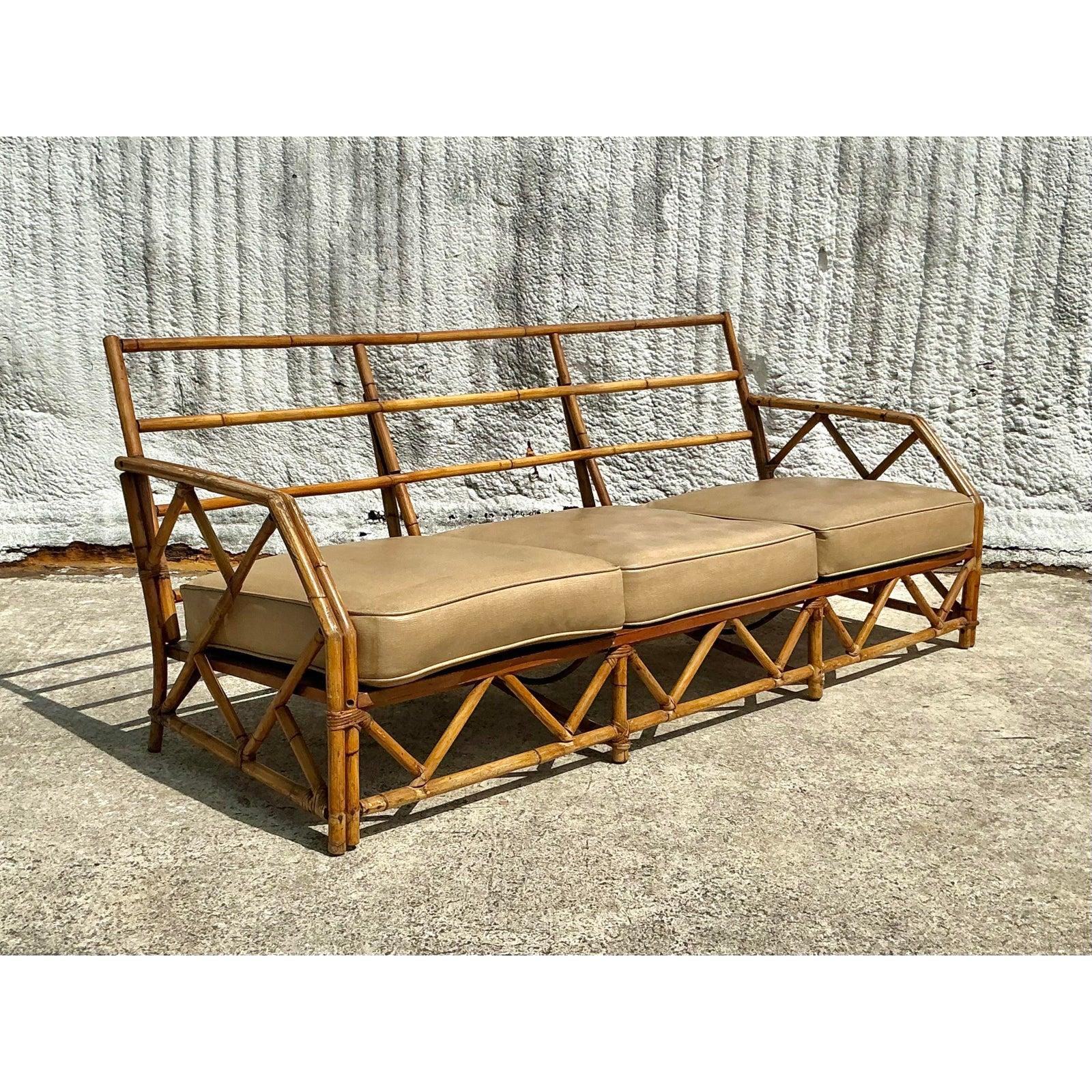 Vintage Coastal Ficks Reed Bamboo Sofa For Sale 1