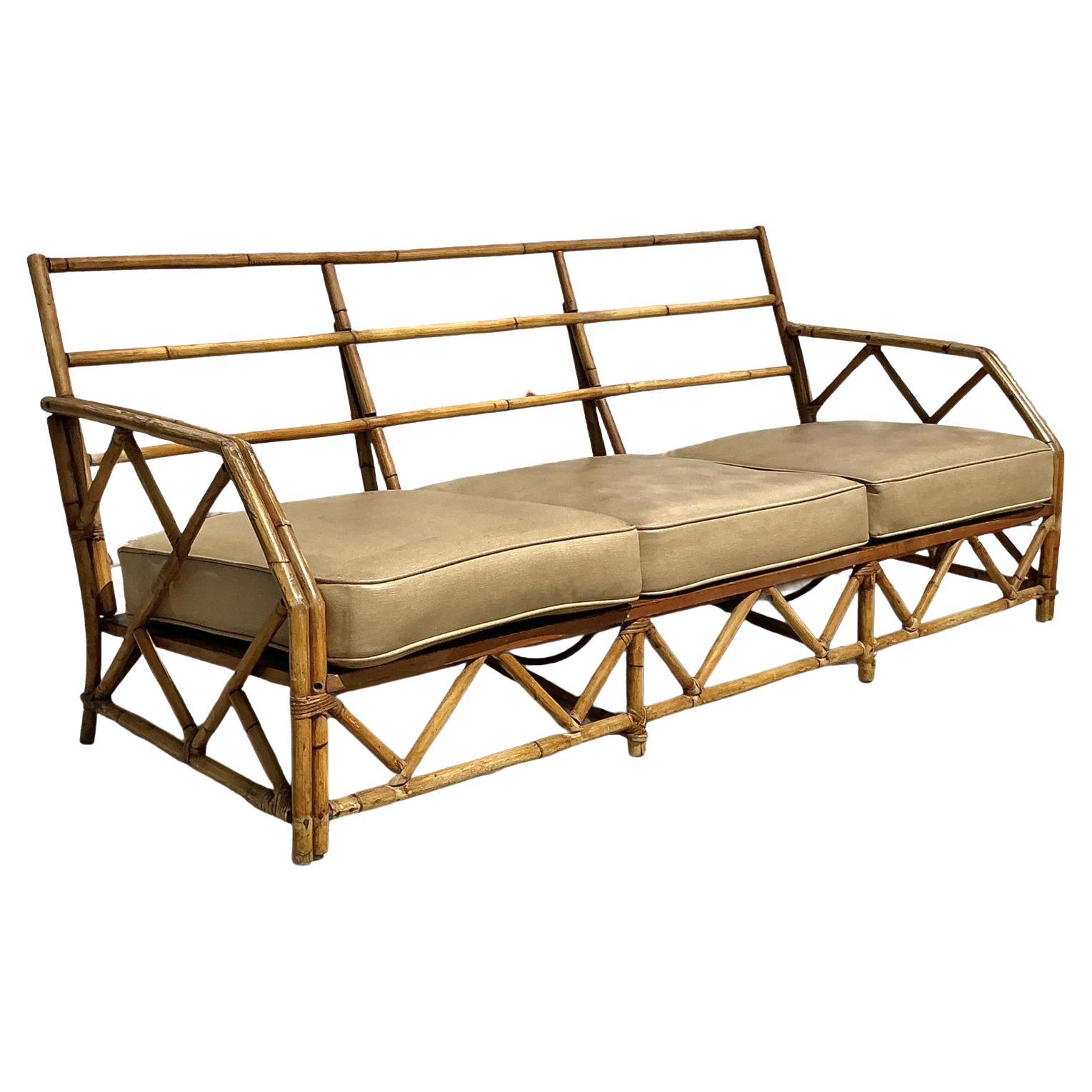 Vintage Coastal Ficks Reed Bamboo Sofa For Sale