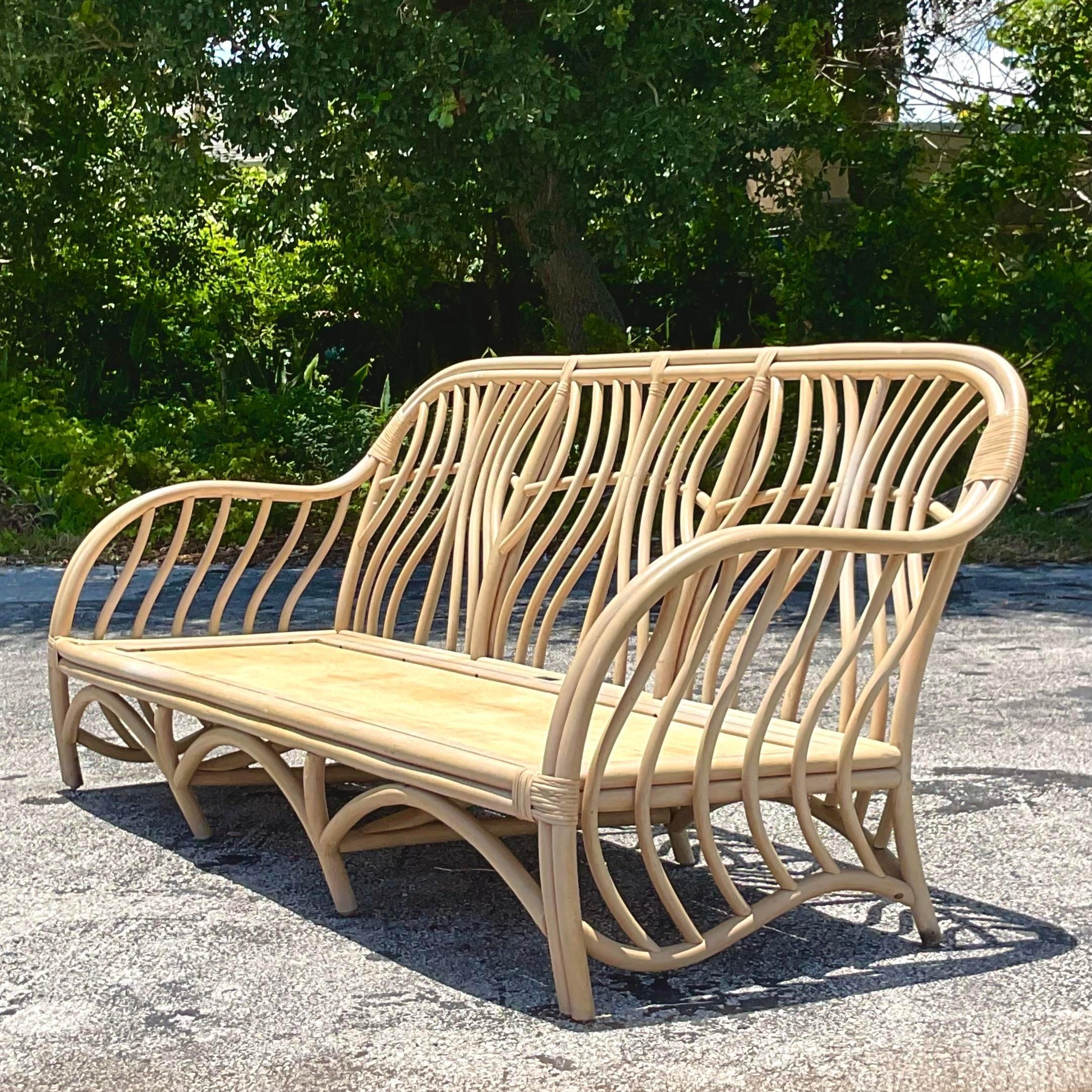 Vintage Coastal Ficks Reed Bent Rattan Sofa at 1stDibs