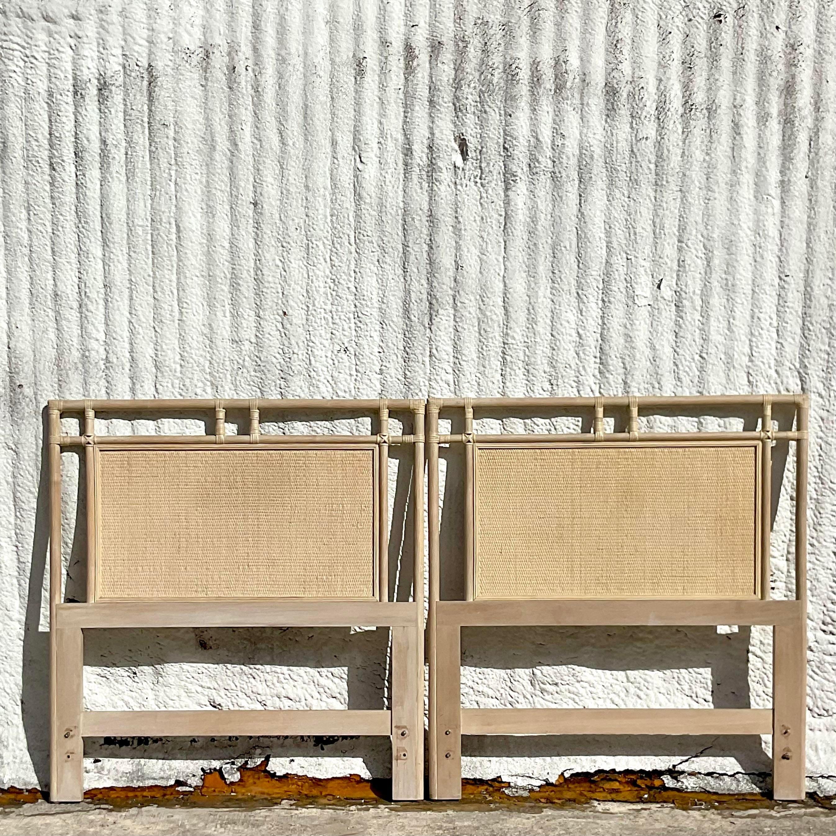 Philippine Vintage Coastal Ficks Reed Cerused Rattan Twin Headboards, a Pair