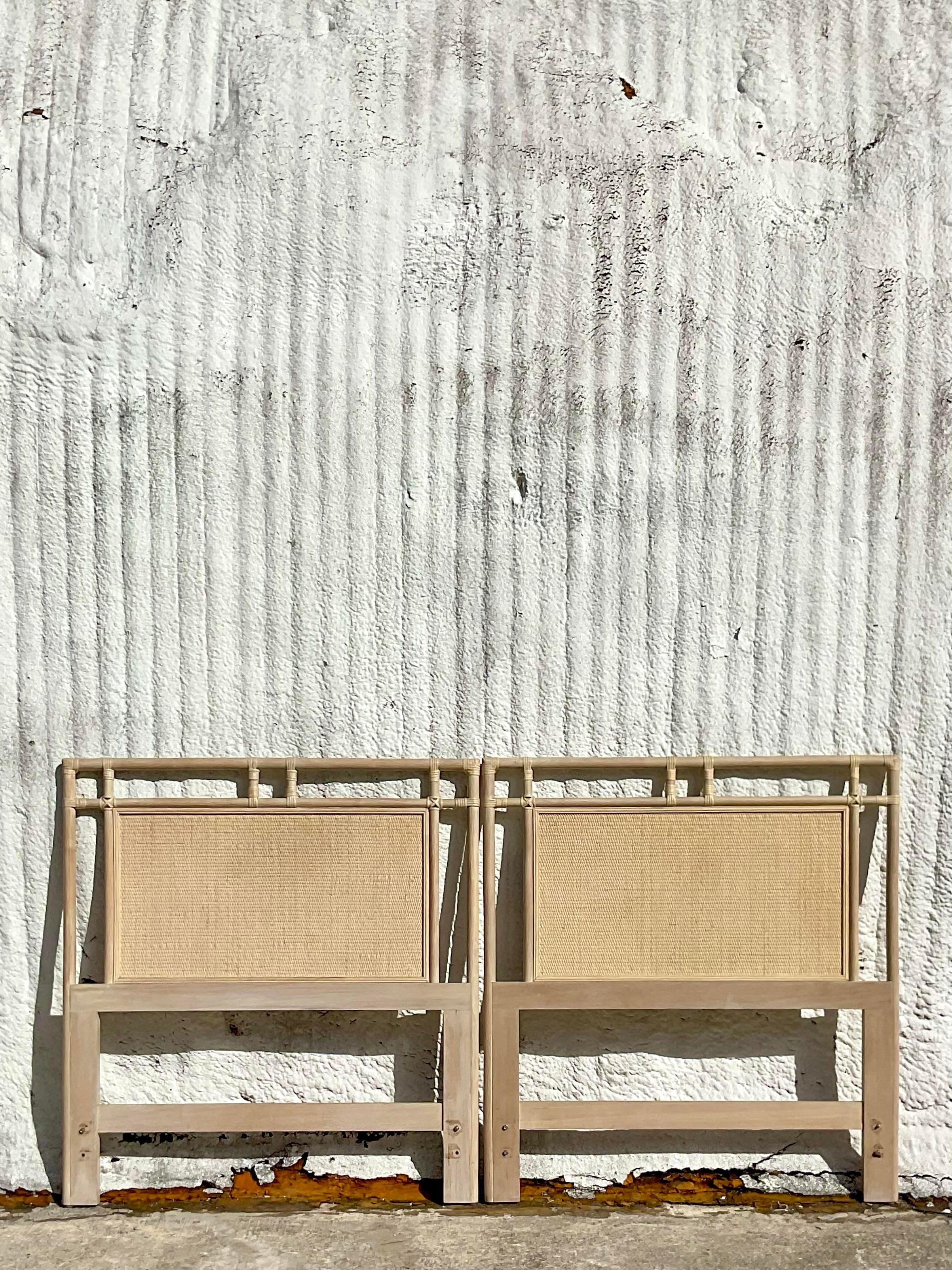 Vintage Coastal Ficks Reed Cerused Rattan Twin Headboards, a Pair In Good Condition In West Palm Beach, FL
