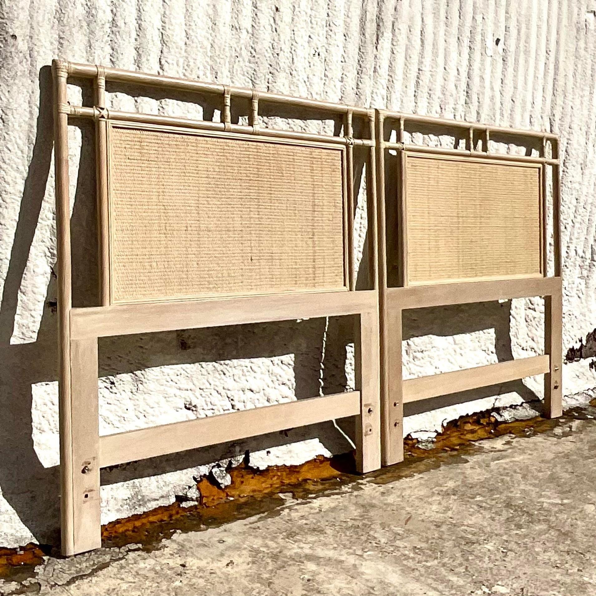 20th Century Vintage Coastal Ficks Reed Cerused Rattan Twin Headboards, a Pair