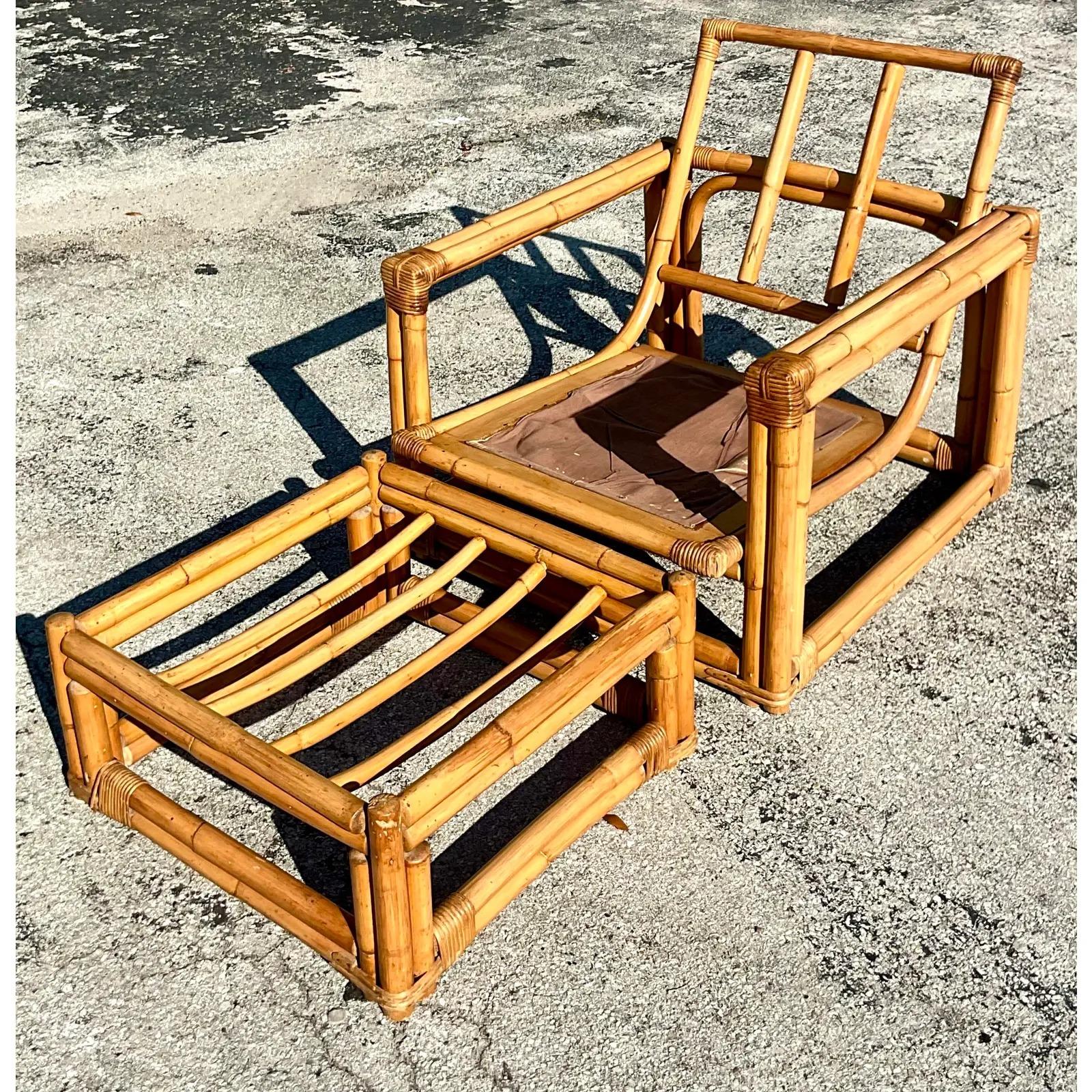 Vintage Coastal Ficks Reed Lounge Chair and Ottoman In Good Condition For Sale In west palm beach, FL