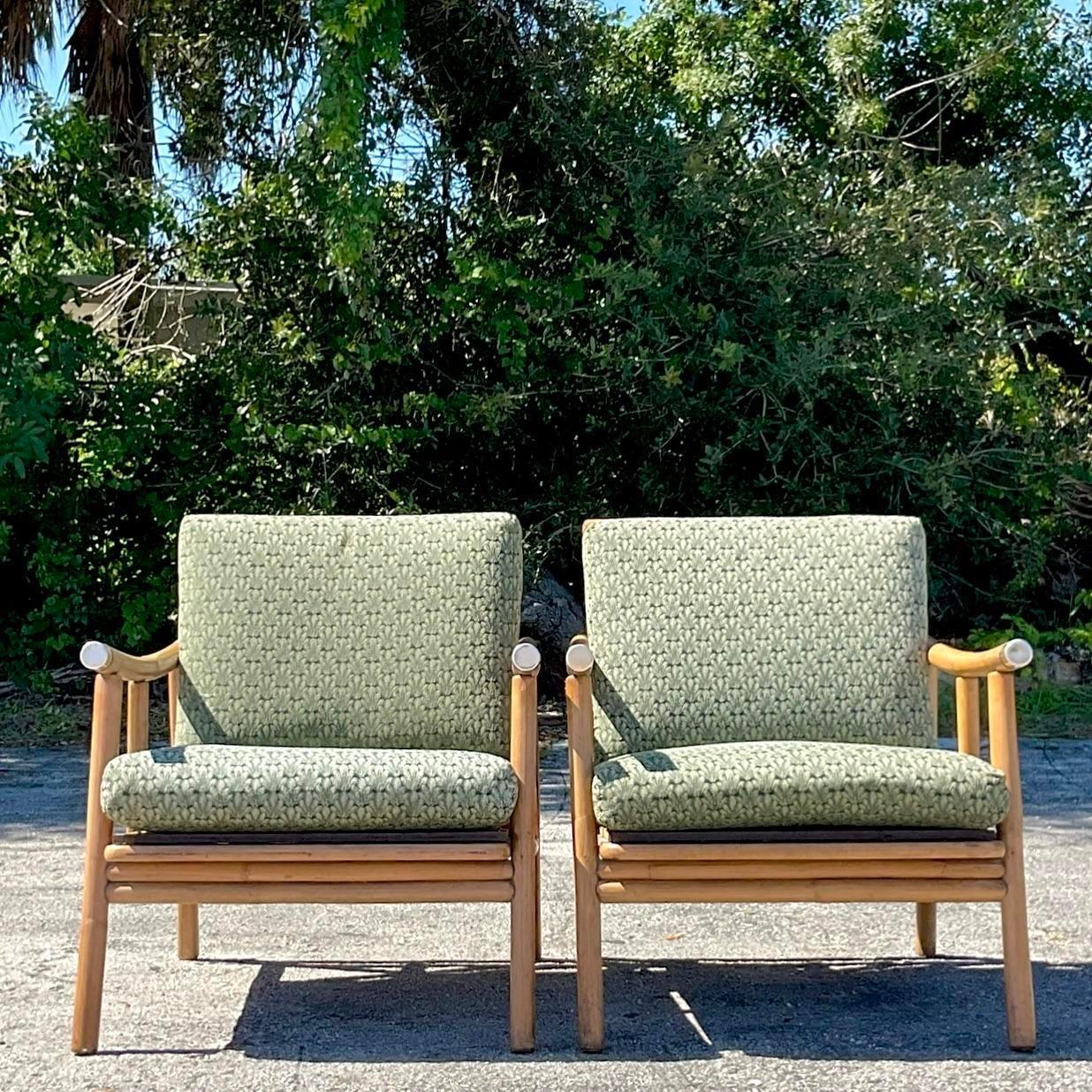 Upholstery Vintage Coastal Ficks Reed Lounge Chairs After Wisner For Sale