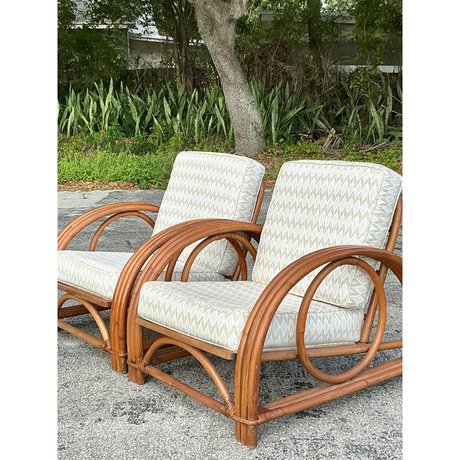 Vintage Coastal Ficks Reed Rattan Lounge Chairs - A Pair In Good Condition For Sale In west palm beach, FL