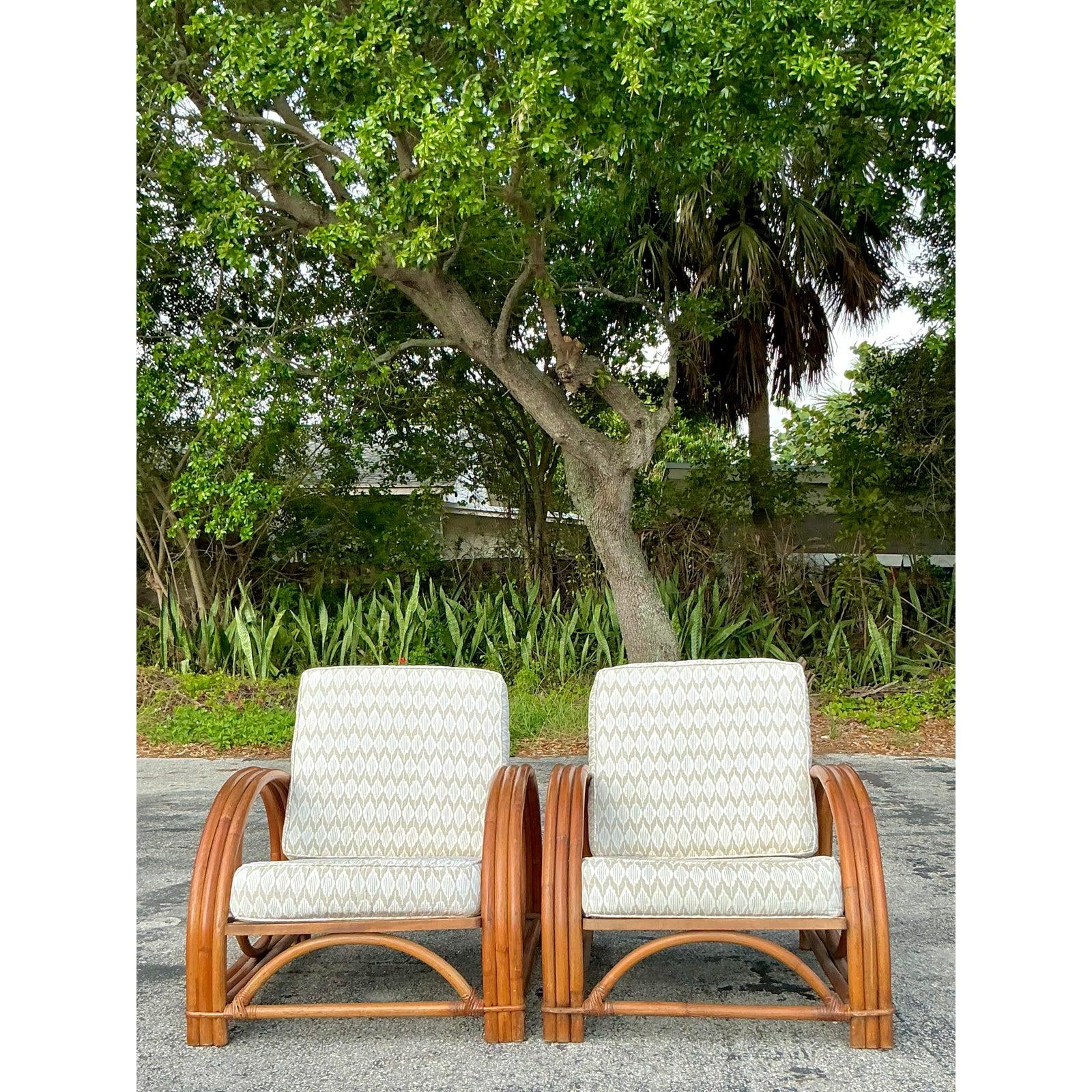 Upholstery Vintage Coastal Ficks Reed Rattan Lounge Chairs - A Pair For Sale