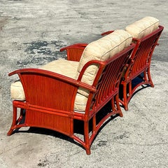 Vintage Coastal Ficks Reed Rattan Lounge Chairs and Ottomans, Pair