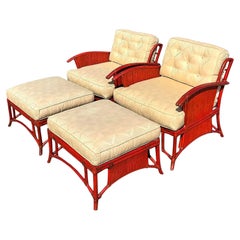 Vintage Coastal Ficks Reed Rattan Lounge Chairs and Ottomans, Pair