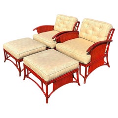 Vintage Coastal Ficks Schilf-Rattan-Loungesessel und Ottomane, Paar