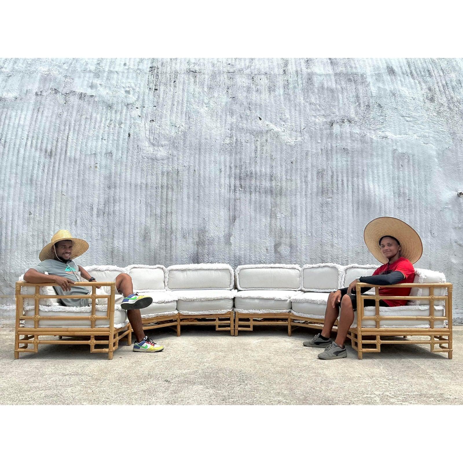 Vintage Coastal Ficks Reed Rattan Sectional With Caterpillar Fringe 3