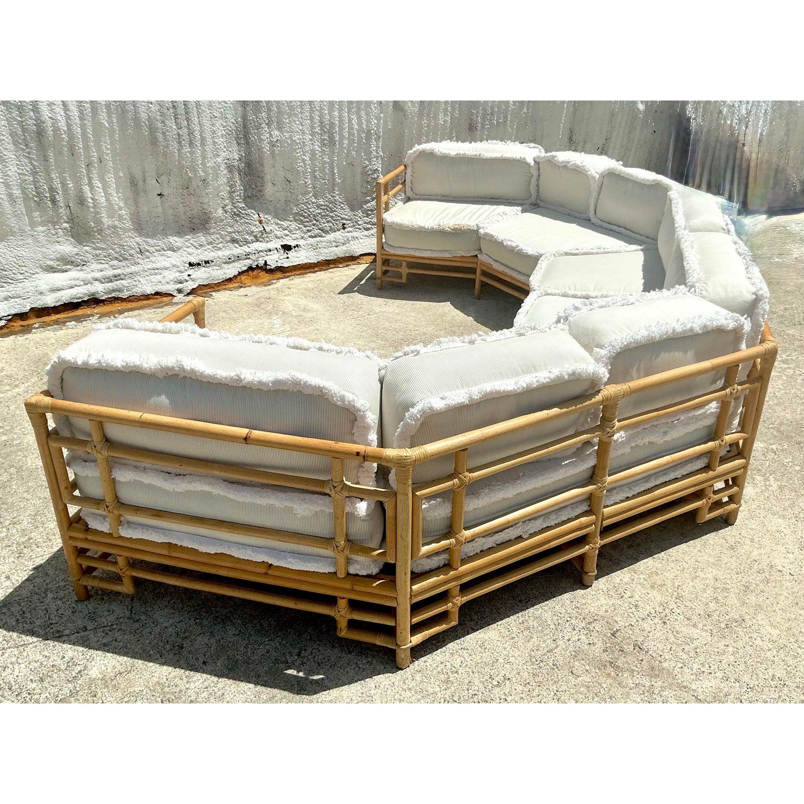 Mid-Century Modern Vintage Coastal Ficks Reed Rattan Sectional With Caterpillar Fringe