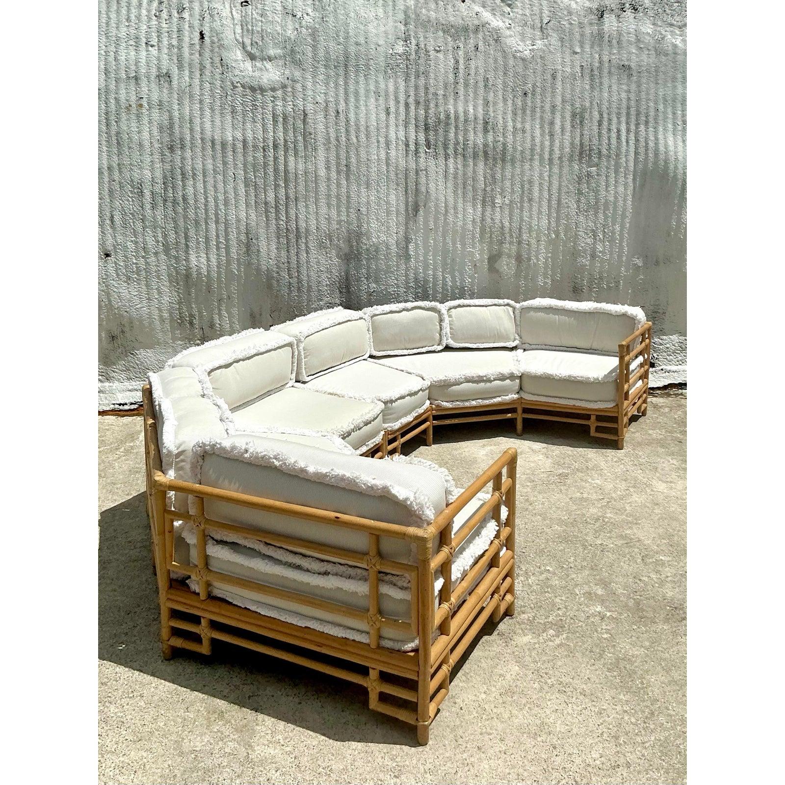 Philippine Vintage Coastal Ficks Reed Rattan Sectional With Caterpillar Fringe