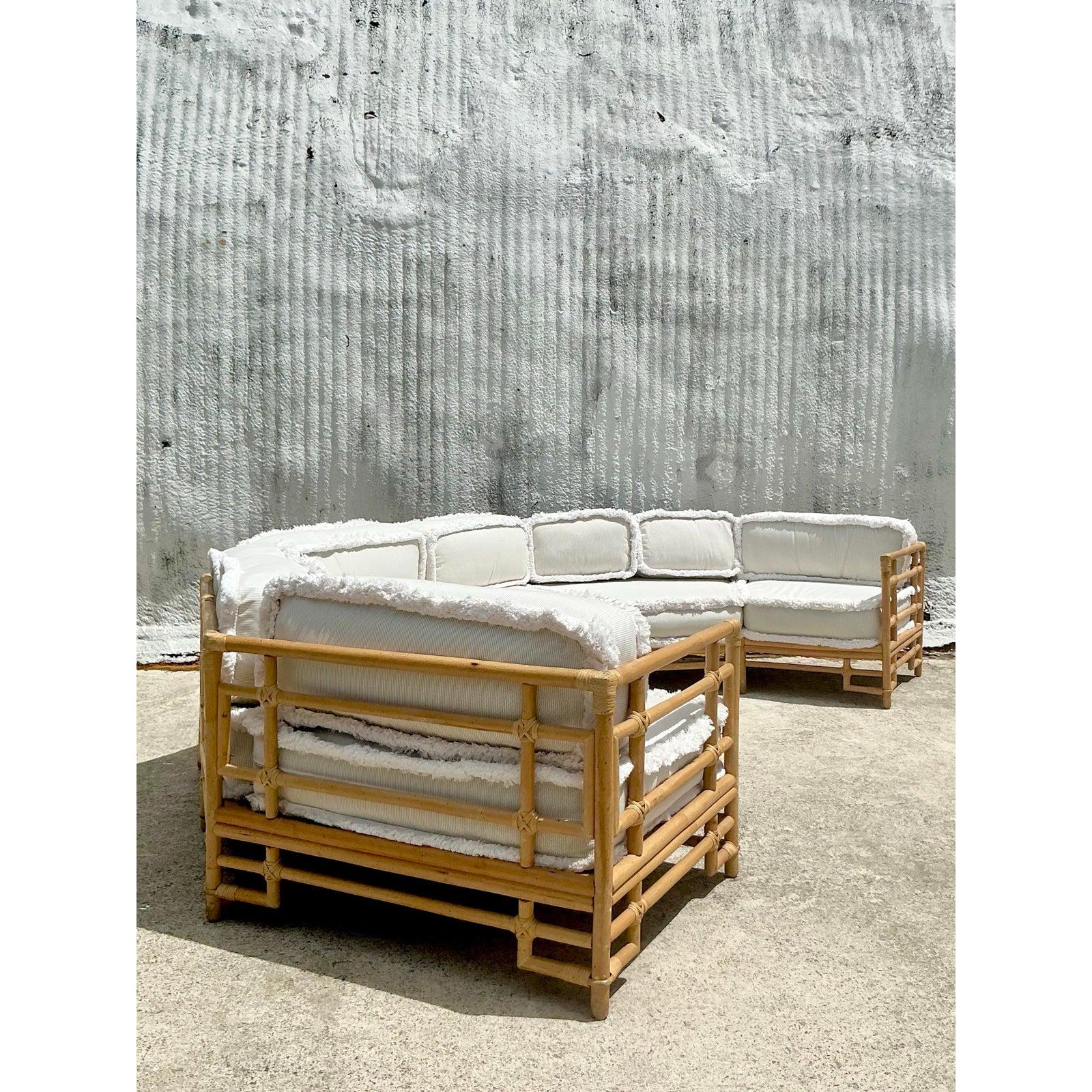 Fabric Vintage Coastal Ficks Reed Rattan Sectional With Caterpillar Fringe