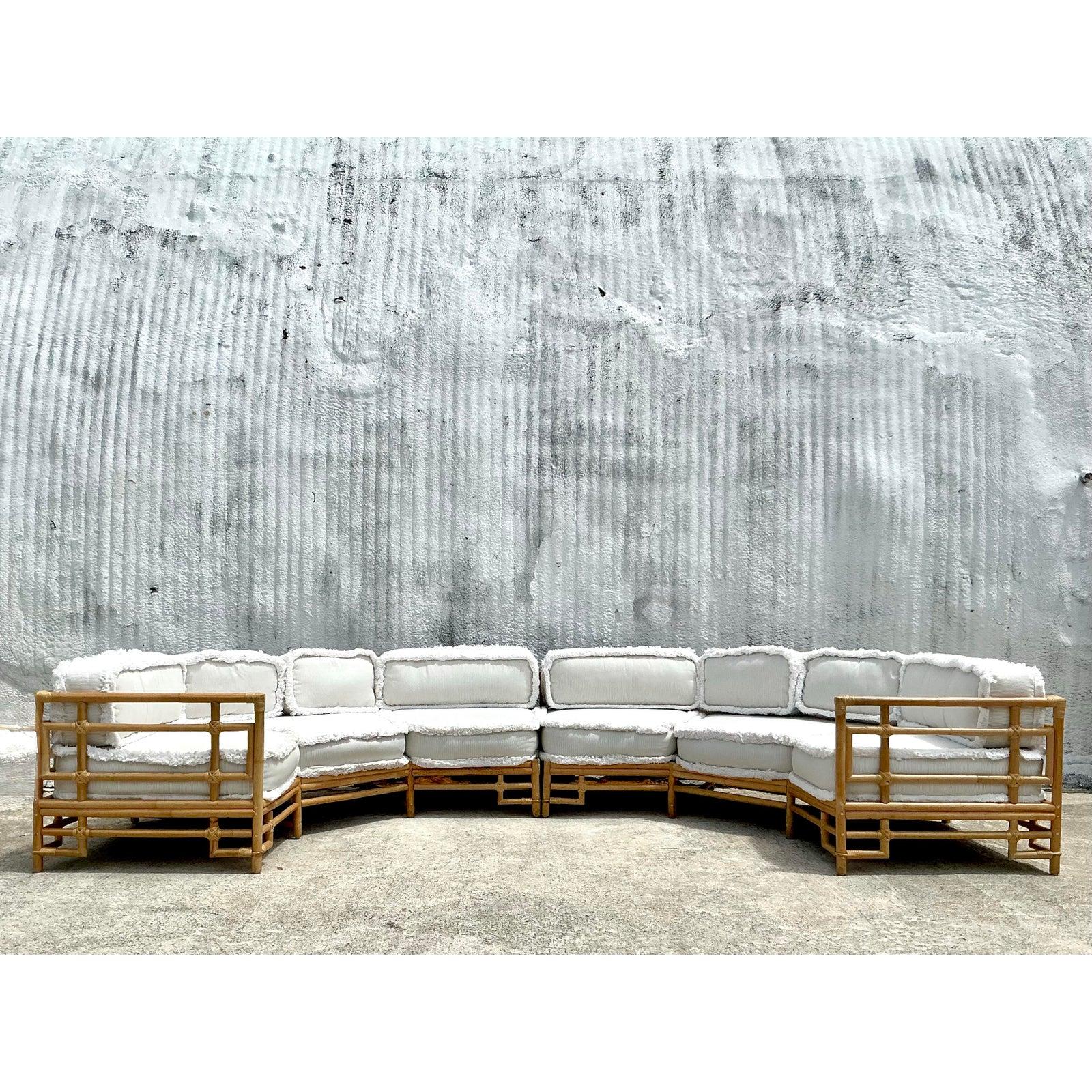 Vintage Coastal Ficks Reed Rattan Sectional With Caterpillar Fringe 1