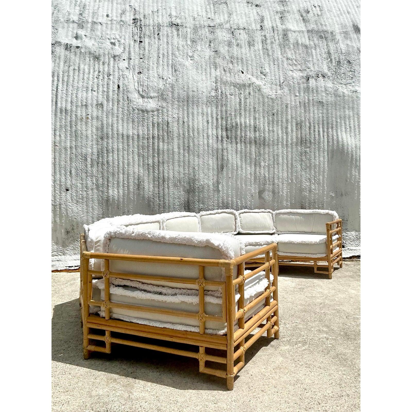 Vintage Coastal Ficks Reed Rattan Sectional With Caterpillar Fringe 2