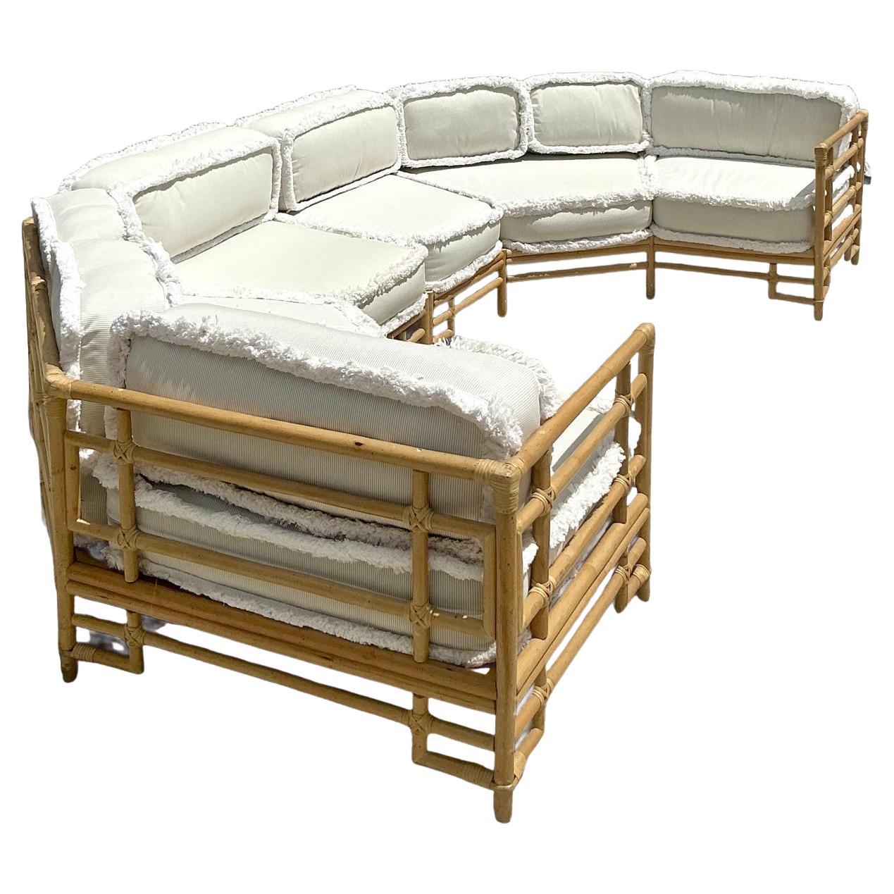 Vintage Coastal Ficks Reed Rattan Sectional With Caterpillar Fringe
