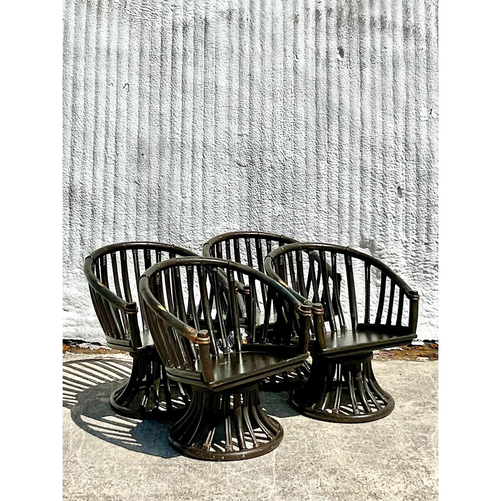 Vintage Coastal Ficks Reed Rattan Swivel Chairs - Set of 4 For Sale 3