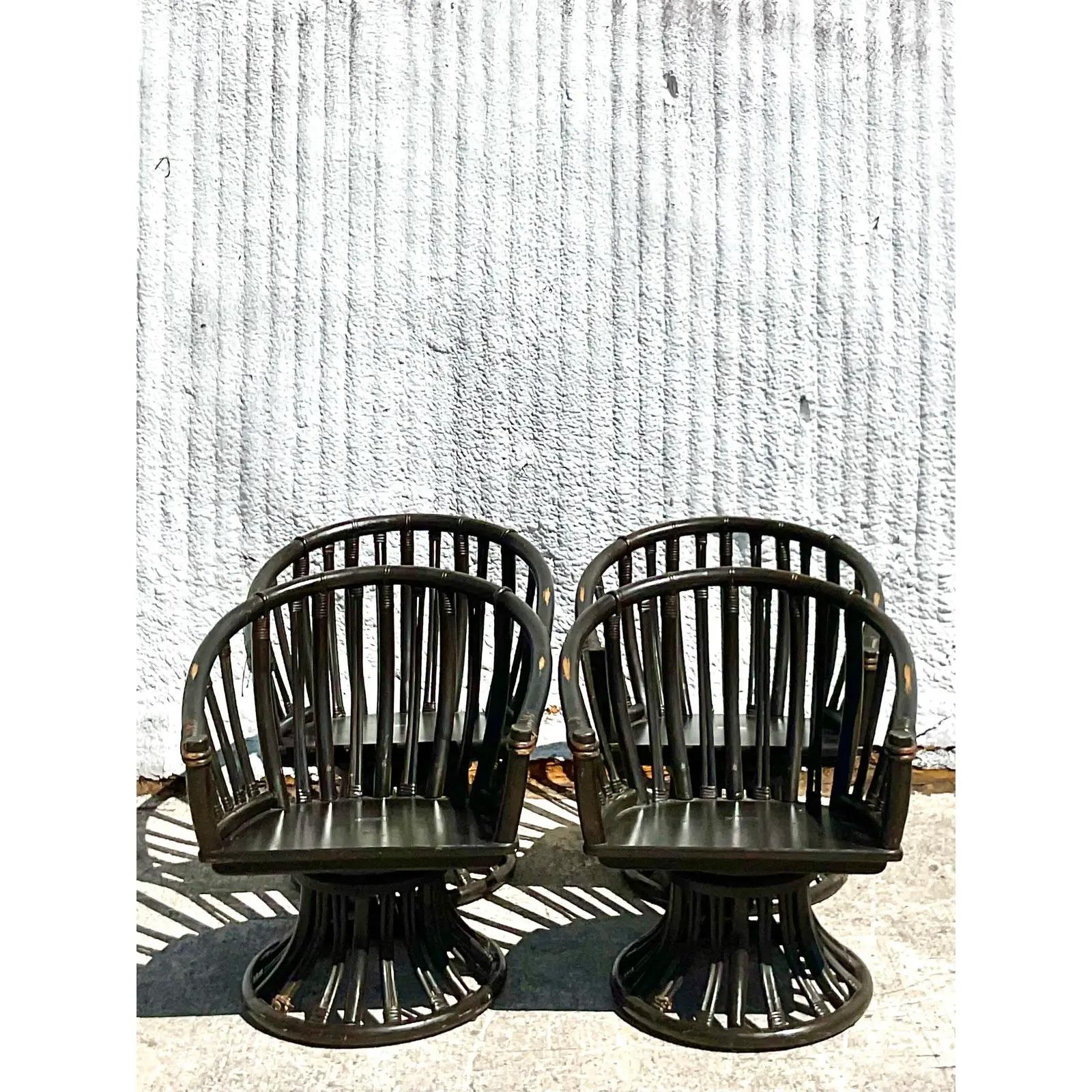 Philippine Vintage Coastal Ficks Reed Rattan Swivel Chairs - Set of 4 For Sale
