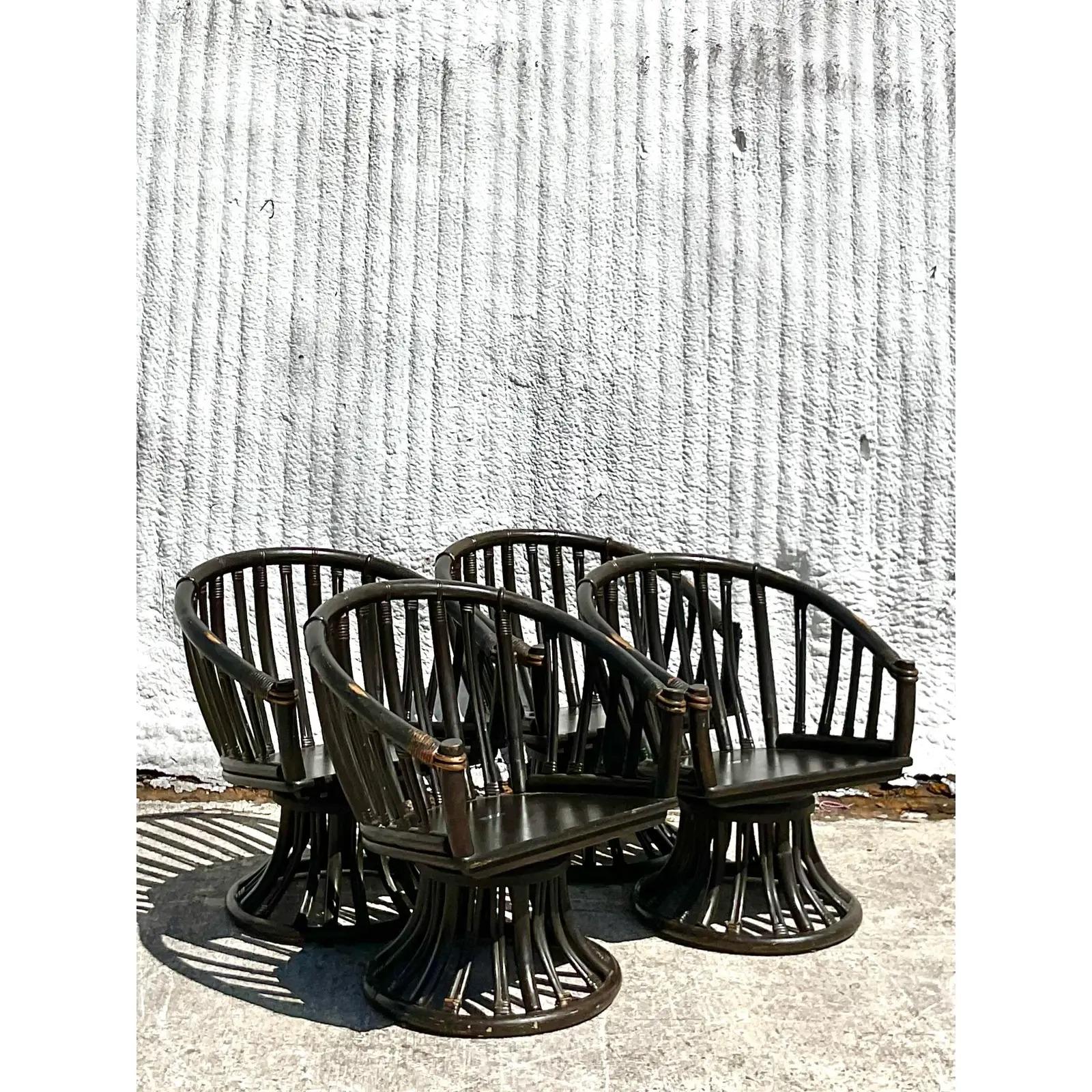 Vintage Coastal Ficks Reed Rattan Swivel Chairs - Set of 4 In Good Condition For Sale In west palm beach, FL
