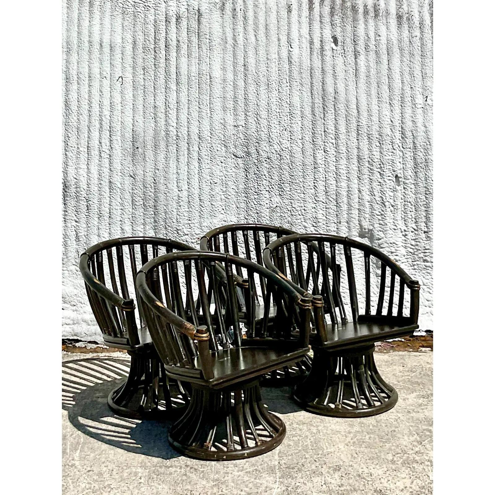 20th Century Vintage Coastal Ficks Reed Rattan Swivel Chairs - Set of 4 For Sale