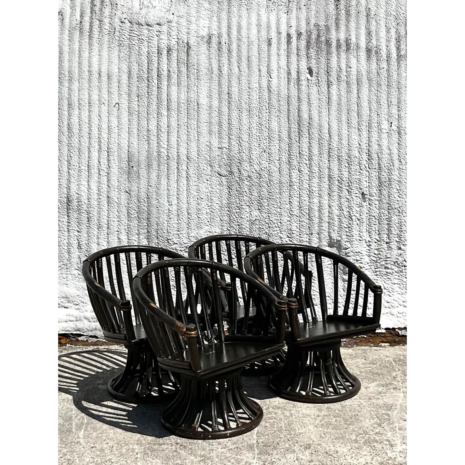 Vintage Coastal Ficks Reed Rattan Swivel Chairs - Set of 4 For Sale 1