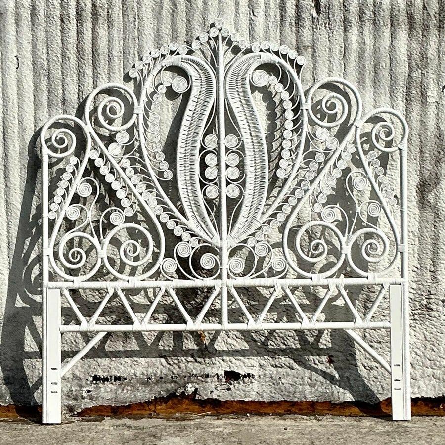 Philippine Vintage Coastal Fiddlehead Rattan Queen Headboard