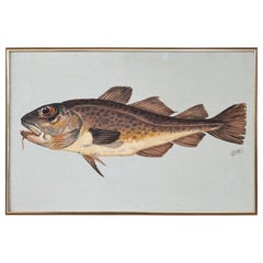 Vintage Coastal Folk Art Painting – Framed Fish Study Painting of Atlantic Cod